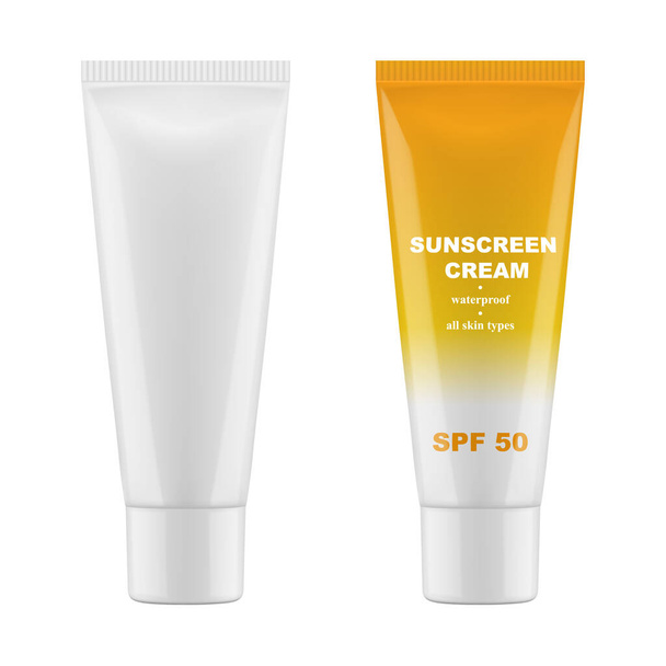 Vector realistic mockup of blank glossy packaging for cosmetics. Sunscreen cream. EPS 10. - Vektor, Bild