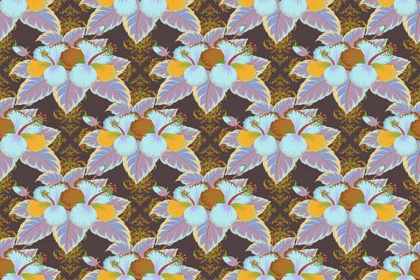 Havaijin trooppinen luonnollinen kukka saumaton kuvio vihreä, ruskea ja keltainen väri. Vihreä, ruskea ja keltainen hibiscus kukkia trendikäs rasteri tyyli. - Valokuva, kuva