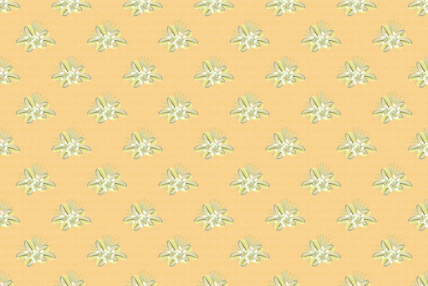 Plumeria flowers seamless pattern in green, beige and yellow colors. Cute raster floral background. - Fotó, kép