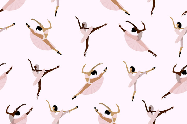 Nahtlos niedliches Muster mit afroamerikanischen und europäischen Balletttänzerinnen, jungen Ballerinen in Tutu und Spitzenschuhen, die einzeln auf weißem Hintergrund tanzen.  - Vektor, Bild