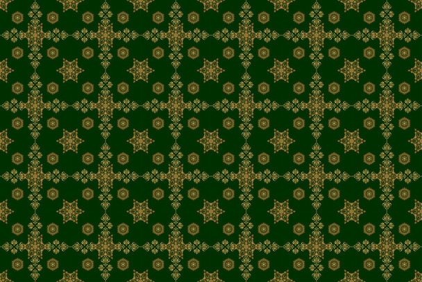 Groene en gouden vintage textielprint. Islamitisch raster verkleurd ontwerp. Oosters ornament naadloos patroon. Motley tegels met motief. - Foto, afbeelding
