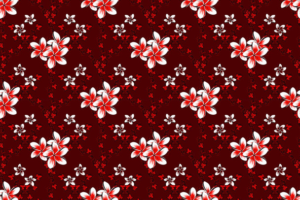 Vintage style. Stock raster illustration. Seamless pattern of abstrat plumeria flowers in red, gray and pink colors. - Foto, Bild