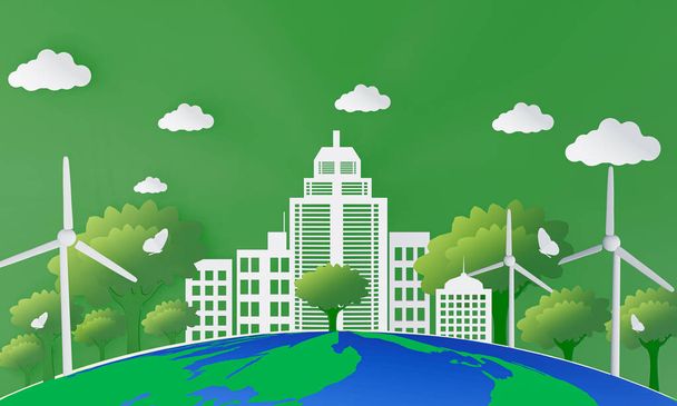 3D-kuvia vihreän kaupungin konseptissa. Valkoiset rakennukset Maassa, maapallolla ja puissa on tuulimyllyjä. Vihreä kaupunki on hämärä ympäristölle. - Valokuva, kuva