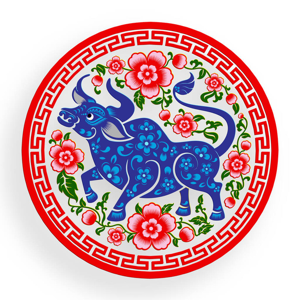 中国の旧正月2021年の牛、赤い紙のカット牛の文字、花や背景に工芸品のスタイルとアジアの要素。(中国語訳:ハッピー中国の新年2021年、牛の年) - ベクター画像