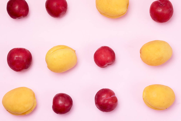 Tasty Fruits Apricots and Red Plums Summer Background Pink Background Top View Horizontal - 写真・画像