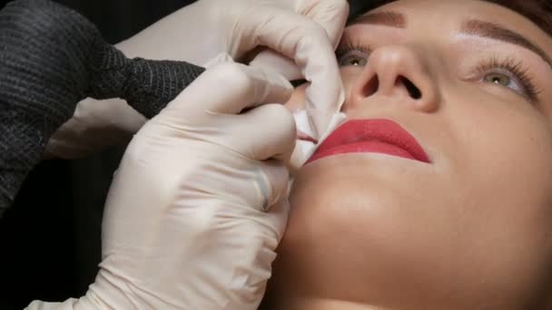 Cosmetólogo que hace los labios procedimiento permanente microblading usando el pigmento rosado de la máquina del tatuaje. esteticista aplicación de pigmento maquillaje en los labios de la mujer. Concepto de la industria de la belleza en el salón de belleza
 - Metraje, vídeo