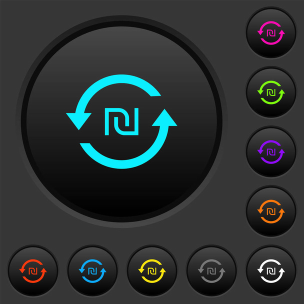 Nuevo Shekel pagar botones oscuros con iconos de color vivos sobre fondo gris oscuro
 - Vector, Imagen