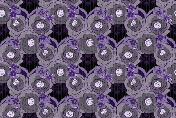 Decorative rose flowers and green leaves repeating pattern. Raster illustration. Abstract elegance seamless pattern with floral motifs in brown, black and violet colors. - Фото, изображение