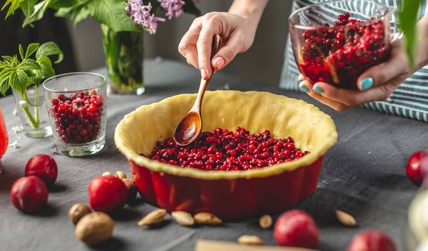 Μαγειρεύω σπιτική πίτα βατόμουρο. Στο ταψί με τη ζύμη βάζουμε ένα κουτάλι με φρέσκα cranberries. Τραπέζι με φωτεινά συστατικά σε ανοιξιάτικο στυλ με λουλούδια - Φωτογραφία, εικόνα