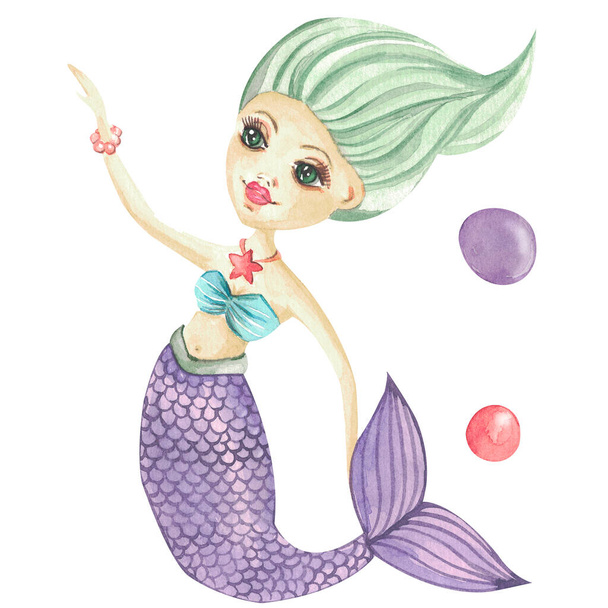 Watercolor cute little mermaid clipart Hand painted illustration of the underwater cartoon character background white - Foto, afbeelding