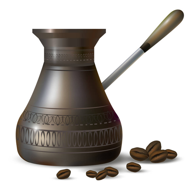 Ретро-турецкий кофейник с кофейными зёрнами. Векторная иллюстрация
. - Вектор,изображение