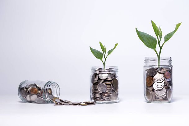 Ahorro de dinero mediante la colocación de monedas en jarra de vidrio sobre fondo blanco
 - Foto, Imagen