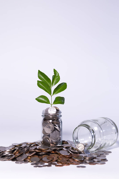 Ahorro de dinero mediante la colocación de monedas en jarra de vidrio sobre fondo blanco
 - Foto, Imagen