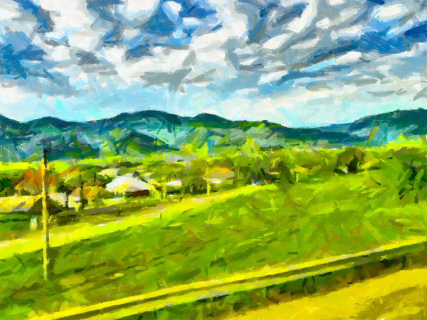 Abstract green landscape with blue sky oil pencil art - Photo, Image
