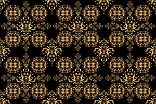 For printing on fabric, scrapbooking, gift wrapping. Raster seamless vintage pattern in gold on black background. - Photo, Image