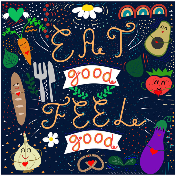 Doodle vector illustration. Eat good feel good. Fruits ana vegetables - Vektori, kuva