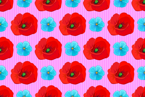 Ilustración pintada a mano sobre fondo rosa. Raster multicolor flores de amapola patrón sin costura
. - Foto, imagen