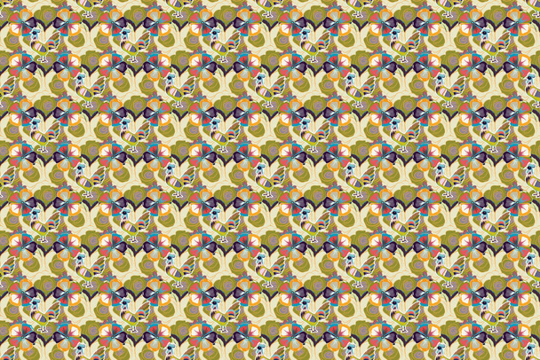Repeating raster cosmos flowers pattern. Floral print. Modern motley floral seamless pattern in yellow, gray and blue colors. - Photo, Image
