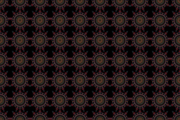 Raster seamless ornament in red, orange and green colors on a black background. Distressed damask seamless pattern background tile. - Photo, Image