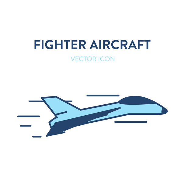 Fighter plane icon. Vector flat outline illustration of a small and fast military jet fighter flying. Represents a concept of modern aicraft, supersonic speed, reactive plane and military aviation - Vector, Image