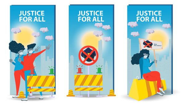 three vertical banners, isolated, social issues of racism, People men and women protest in the streets of the city, flat cartoon illustration - Vector, Image