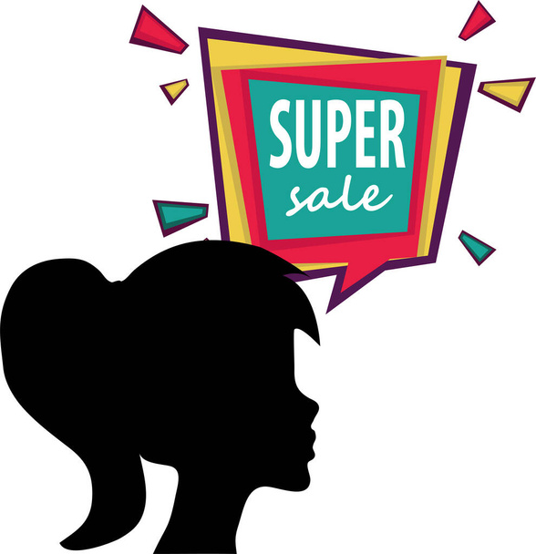  RGB Lady silhouette and speech bubble and speech bubble with the words super sale. Vector colorful background. Party invitation. - Vector, Image