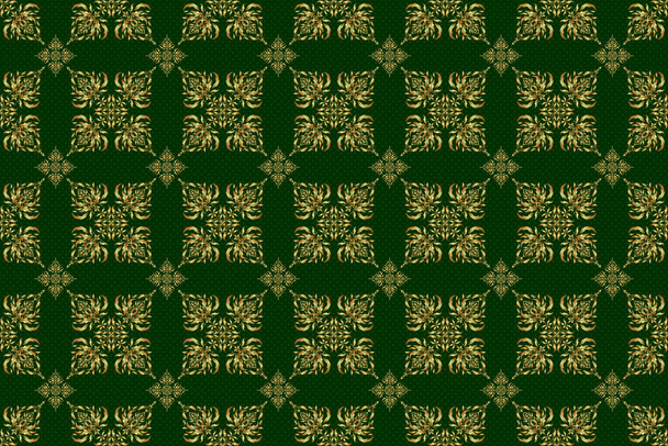 Abstract raster seamless pattern with golden ornaments on a green backdrop. Vintage design with gold ornaments. - Фото, зображення