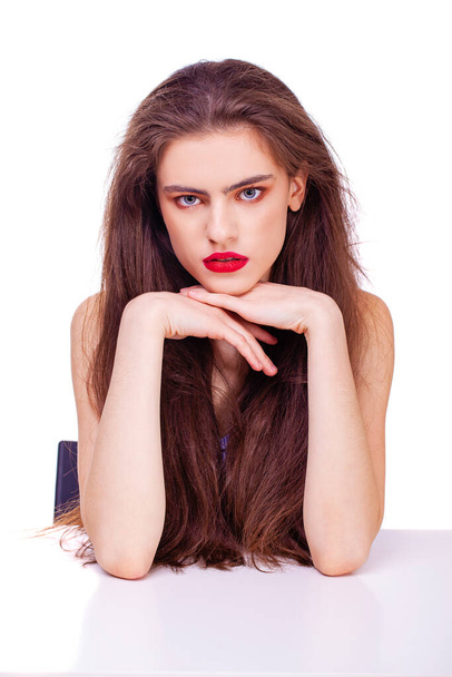 Make up beauty female face. Close up portrait of a young beautiful brunette model, isolated on white background - Valokuva, kuva