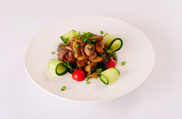 Roast meat and mushroom salad with green onion and cucumber and tomato - Photo, Image