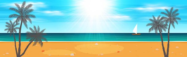 Εικονογράφηση ηλιόλουστη αμμώδη παραλία και μπλε θάλασσα - Διάνυσμα, εικόνα