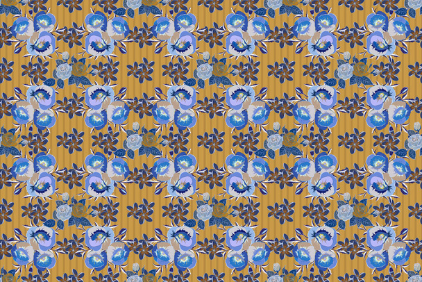 青、紫、黄色のポピーの花とシームレスなパターンは、ヴィンテージスタイルでラスター花のマルチカラーイラスト. - 写真・画像