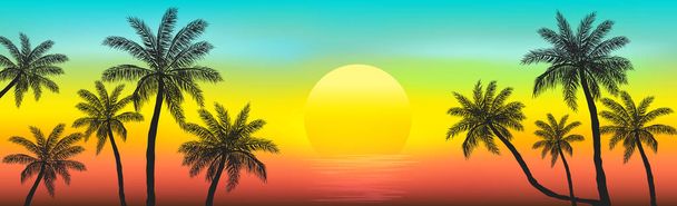 Puesta de sol en la playa con palmeras - ilustración - Vector, Imagen