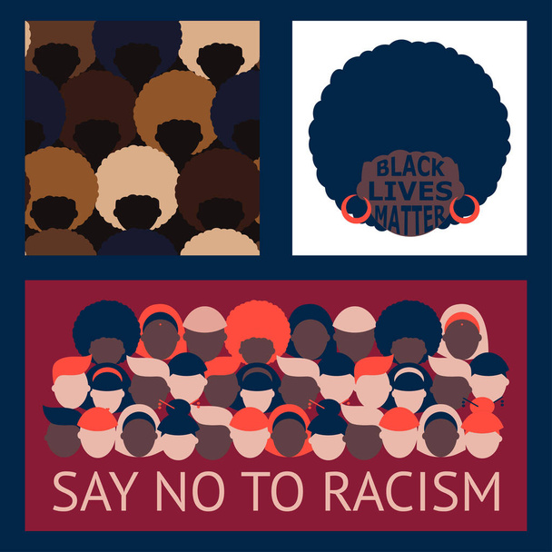 set of three templates with abstract silhouettes of people of different nationalities. black lives matter. women and men. Stop racism concept. Modern abstract design - Vector, Image
