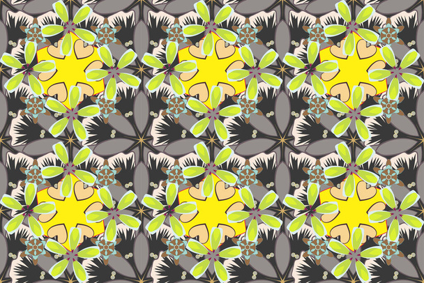 Raster illustration good for the interior design, printing, web and textile design. Seamless texture of floral ornament in yellow, beige and gray colors. Optical illusion. - Photo, Image