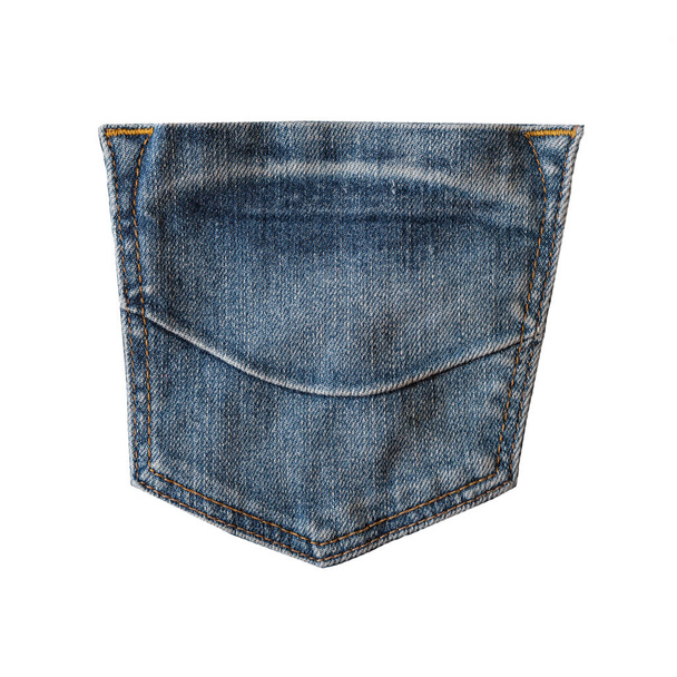 白い背景に隔離された青いジーンズのバックポケット。デニムファッション、ポケットデザイン。閉鎖 - 写真・画像