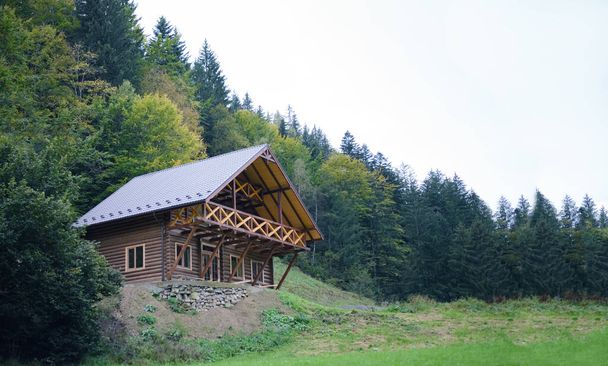 Casa de verano de madera de pie en medio del bosque
 - Foto, imagen