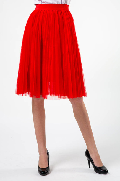 girl in a red skirt with high heels on a white background - Photo, image