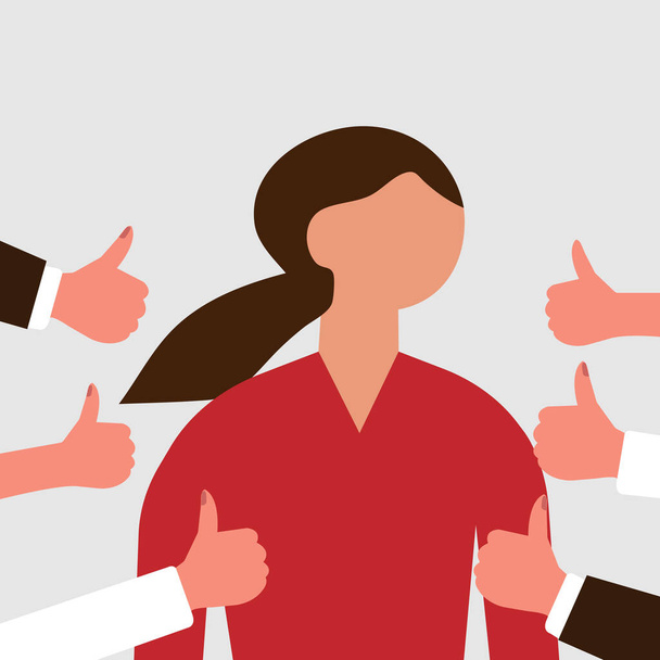  RGB Young woman surrounded by hands with thumbs up. Concept of public approval, acknowledgment by audience, positive opinion, recognition. Colored vector illustration in flat style. - Vektori, kuva