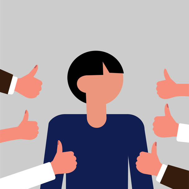  RGB Young man surrounded by hands with thumbs up. Concept of public approval, acknowledgment by audience, positive opinion, recognition. Colored vector illustration in flat style. - Vector, Image