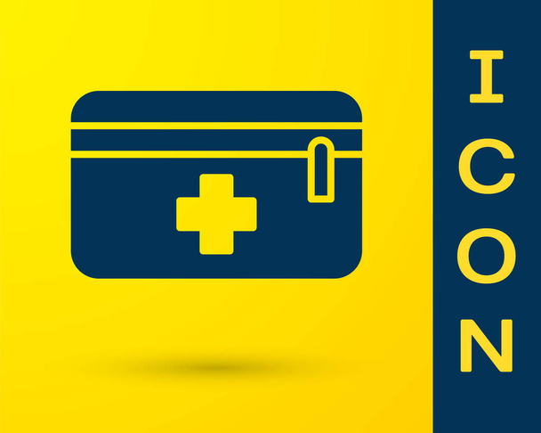 Иконка синей аптечки на желтом фоне. Медицинская коробка с крестом. Медицинское оборудование для чрезвычайных ситуаций. Концепция здравоохранения. Векторная миграция
 - Вектор,изображение