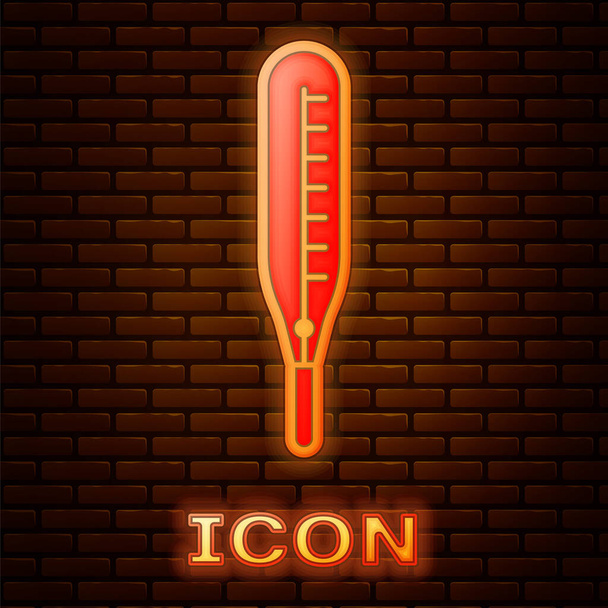 Glowing neon Medical thermometer for medical examination icon isolated on brick wall background.  Vector Illustration - Vector, Image