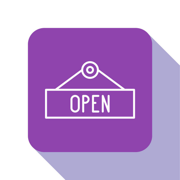Línea blanca Signo colgante con texto Icono de puerta abierta aislado sobre fondo blanco. Botón cuadrado púrpura. Ilustración vectorial
 - Vector, Imagen