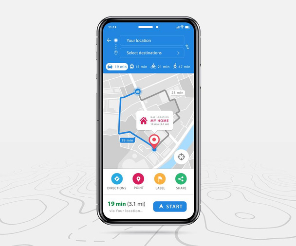 地図モバイルGPS 、スマートフォンの地図アプリケーションと目的地の赤い点を画面に、アプリの検索マップナビゲーション、カラフルなボタンや地図のアイコン、グラフィックデザインのためのベクトルイラスト - ベクター画像