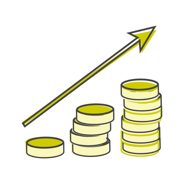Vektor-Symbole Haufen von Münzen und ein Pfeil, der Geldwachstum Cartoon-Stil auf weißem isolierten Hintergrund zeigt. - Vektor, Bild