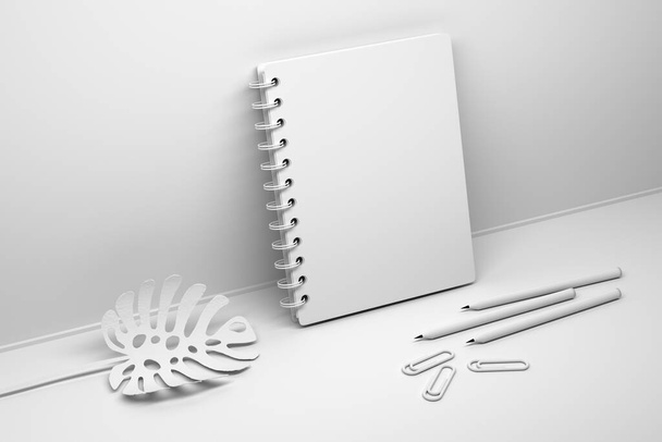White mockup template of spiral notebook with pencils and monstera plant. 3d illustration. - Фото, изображение