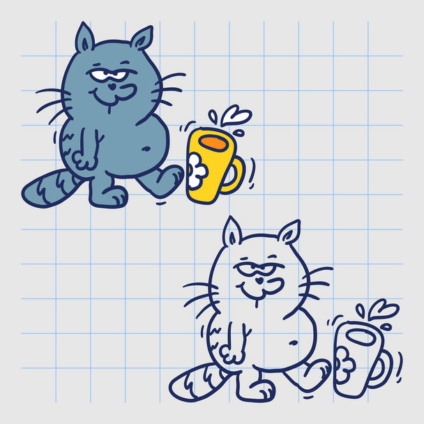 Gato divertido patea taza de agua con su pata. Personaje dibujado a mano. Ilustración vectorial
 - Vector, imagen
