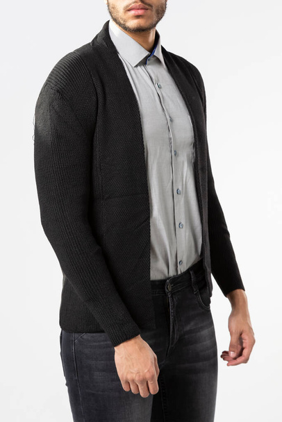 a man in a knitted cardigan and shirt on a white background - Photo, Image