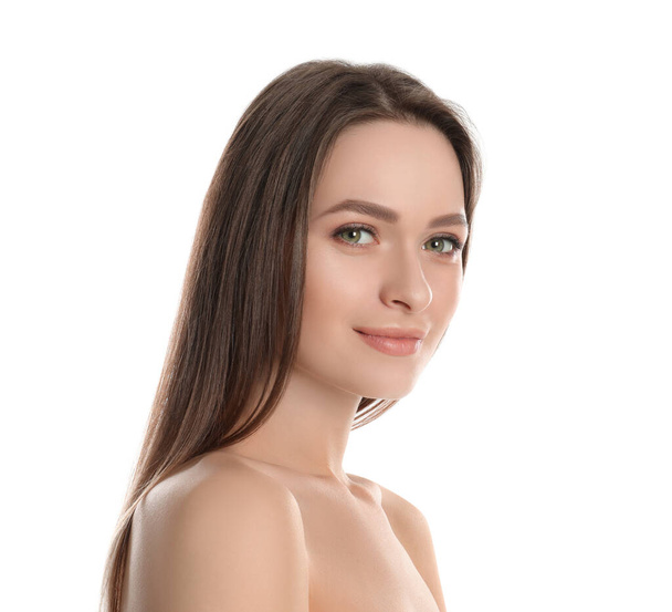 Portrait of young woman with beautiful face on white background - Fotó, kép