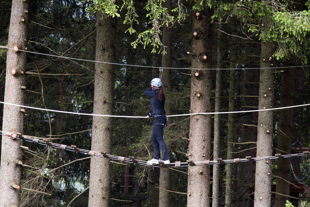 Adam bir ağacın çitine tırmanıyor. - Fotoğraf, Görsel