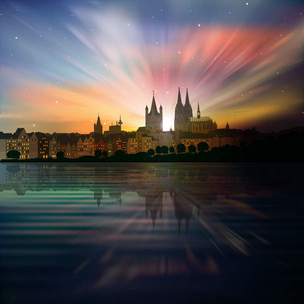 abstract background with silhouette of cologne and sunrise - Vector, Image